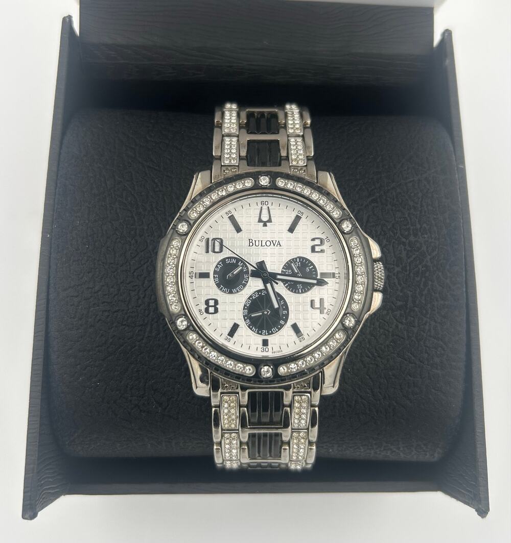 Bulova C937436 Mens Crystal Bezel Silver Black Watch Multifunction NEW BATTERY
